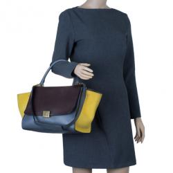 Pre Owned Celine Tricolor Smooth Calfskin and Suede Medium Trapeze Tote