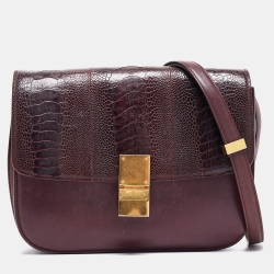 Pre Owned Celine Burgundy Leather and Ostrich Leg Medium Classic Box Shoulder Bag