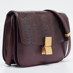 Pre Owned Celine Burgundy Leather and Ostrich Leg Medium Classic Box Shoulder Bag