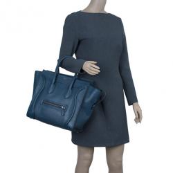 Pre Owned Celine Navy Blue Pomelo Leather Mini Luggage Tote