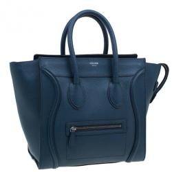Pre Owned Celine Navy Blue Pomelo Leather Mini Luggage Tote