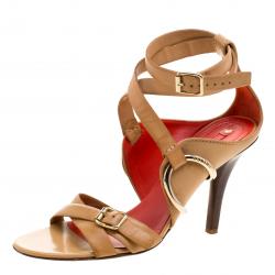 Pre Owned Celine Beige Leather Cross Ankle Wrap Sandals Size 39.5
