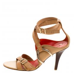 Pre Owned Celine Beige Leather Cross Ankle Wrap Sandals Size 39.5