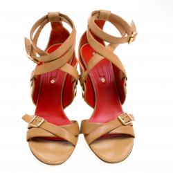 Pre Owned Celine Beige Leather Cross Ankle Wrap Sandals Size 39.5