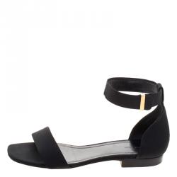 Celine Black Fabric Ankle Strap Flat Sandals Size 38