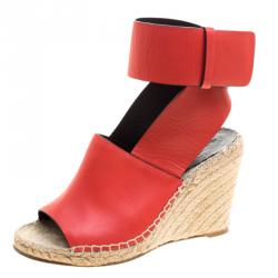Pre Owned Celine Red Leather Espadrille Wedge Sandals Size 38
