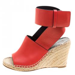 Pre Owned Celine Red Leather Espadrille Wedge Sandals Size 38