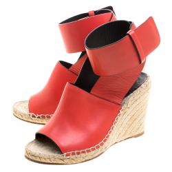 Pre Owned Celine Red Leather Espadrille Wedge Sandals Size 38