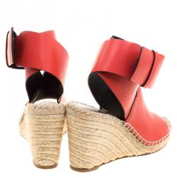 Pre Owned Celine Red Leather Espadrille Wedge Sandals Size 38