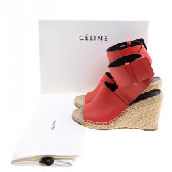 Pre Owned Celine Red Leather Espadrille Wedge Sandals Size 38