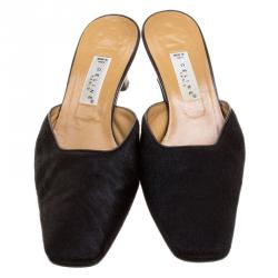 Pre Owned Celine Black Pony Hair Square Toe Mules Size 37