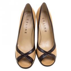 Pre Owned Celine Two Tone Leather Peep Toe Pumps Size 37.5