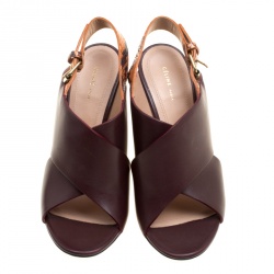 Pre Owned Celine Burgundy/Multicolor Leather and Python Slingback Wedge Sandals Size 37