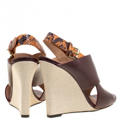 Pre Owned Celine Burgundy/Multicolor Leather and Python Slingback Wedge Sandals Size 37