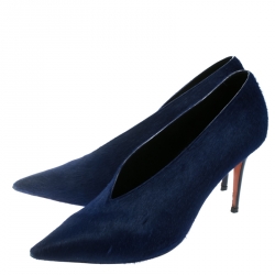 Pre Owned Celine Blue Calf Hair V Neck Pointed Toe Pumps Size 41