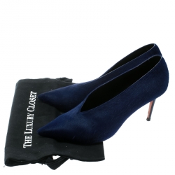 Pre Owned Celine Blue Calf Hair V Neck Pointed Toe Pumps Size 41