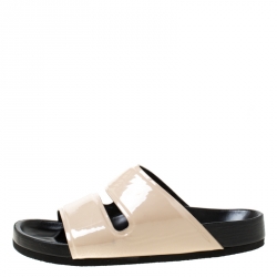 Pre Owned Celine Nude Beige Patent Leather Slide Sandals Size 37