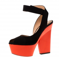Pre Owned Celine Black/Orange Suede Peep Toe Velcro Strap Platform Sandals Size 37.5