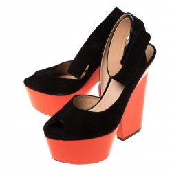 Pre Owned Celine Black/Orange Suede Peep Toe Velcro Strap Platform Sandals Size 37.5