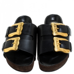 Pre Owned Celine Black Leather Western Gold Buckle Sandal Flats Size 39