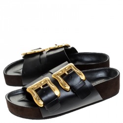 Pre Owned Celine Black Leather Western Gold Buckle Sandal Flats Size 39
