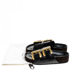 Pre Owned Celine Black Leather Western Gold Buckle Sandal Flats Size 39