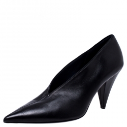 مملوكة مسبقًا حذاء كعب عالي سيلين حرف V مقدمة مدببة جلد أسود مقاس 39.5