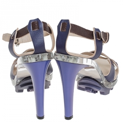 Celine Purple/Brown Cross Leather and Plexiglass Platform Ankle Strap Sandals Size 38.5