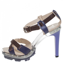 Celine Purple/Brown Cross Leather and Plexiglass Platform Ankle Strap Sandals Size 38.5