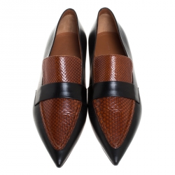 Celine Black/Brown Leather And Python Embossed Leather Pointed Toe Loafers Size 39