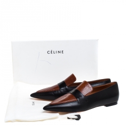 Celine Black/Brown Leather And Python Embossed Leather Pointed Toe Loafers Size 39