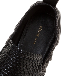 Pre Owned Celine Black Woven Leather Basket Scrunch Loafers Size 38.5