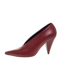 Pre Owned Celine Burgundy Leather V Neck Nappa Pumps Size 38
