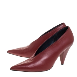 Pre Owned Celine Burgundy Leather V Neck Nappa Pumps Size 38