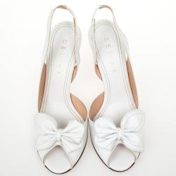 Pre Owned Celine White Leather Bow Peep Toe Slingback Sandals Size 40