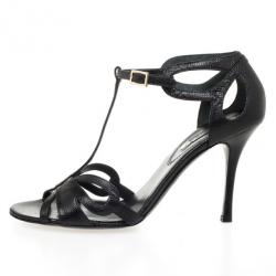 Pre Owned Celine Black Embossed T Strap Sandals Size 39.5