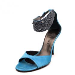 Celine Blue Satin Ankle Strap Embellished Sandals Size 37.5