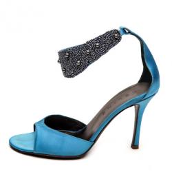 Celine Blue Satin Ankle Strap Embellished Sandals Size 37.5