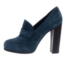 Pre Owned Celine Blue Suede Loafer Platform Pumps Size 38
