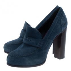 Pre Owned Celine Blue Suede Loafer Platform Pumps Size 38