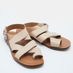 Pre Owned Celine Beige Leather Strappy Flat Sandals Size 39