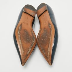 Pre Owned Celine Navy Blue Patent Leather V Neck Ballet Flats Size 37.5