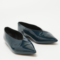 Pre Owned Celine Navy Blue Patent Leather V Neck Ballet Flats Size 37.5