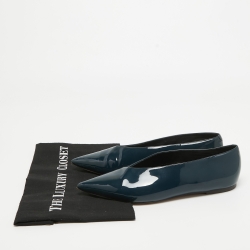 Pre Owned Celine Navy Blue Patent Leather V Neck Ballet Flats Size 37.5