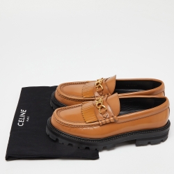 Pre Owned Celine Brown Leather Triomphe Frame Margaret Fringe Details Slip On Loafers Size 38