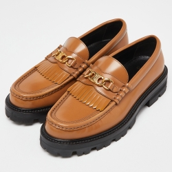 Pre Owned Celine Brown Leather Triomphe Frame Margaret Fringe Details Slip On Loafers Size 38