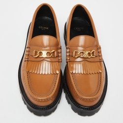 Pre Owned Celine Brown Leather Triomphe Frame Margaret Fringe Details Slip On Loafers Size 38