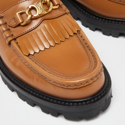 Pre Owned Celine Brown Leather Triomphe Frame Margaret Fringe Details Slip On Loafers Size 38