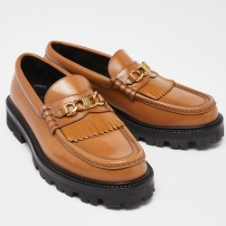 Pre Owned Celine Brown Leather Triomphe Frame Margaret Fringe Details Slip On Loafers Size 38