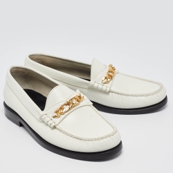 Pre Owned Celine White Leather Luco Triomphe Chain Loafers Size 36